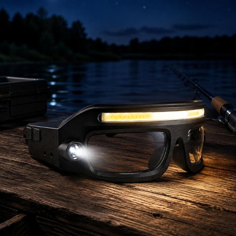 Rechargeable Light Glasses with Horizontal Light Bar and Round Front Lamp, Clear Acrylic Lens for Camping and Outdoor Inspection Tasks