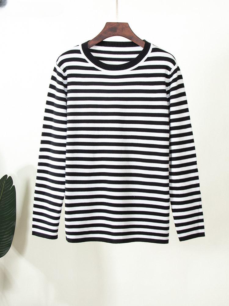 Вязаный полосатый свитер женский осенне-зимний свободный повседневный толстый пуловер женские теплые топы с длинными рукавами и круглым вырезом One Size чёрный 2599₽