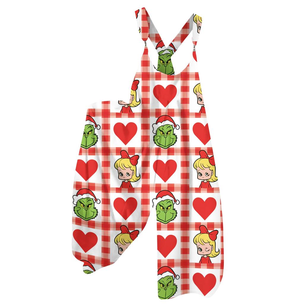 Women's Retro Casual Overalls with Novelty Print and Non-Adjustable Shoulder Straps