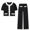 European & American Style Women's Fashion Set: Color Block Pearl Leather Wool Coat and Pants (J32513/14)