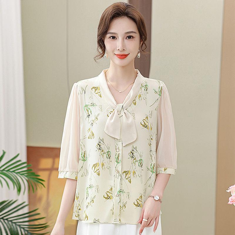 

Chiffon Shirt Mid-sleeved Print Fashionable Age-reducing Top for Middle-aged and Elderly People 5XL жовтий