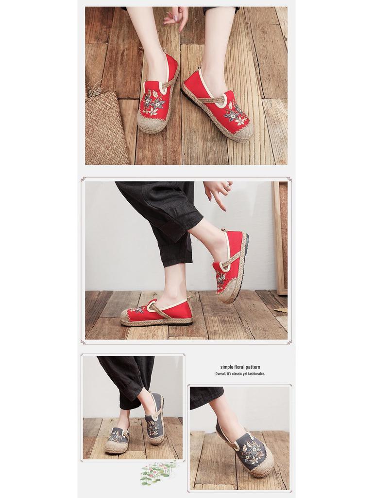 2025 Ručně vyráběné dámské vyšívané látkové boty Old Beijing s měkkou podrážkou a konopným lemem, etnický nízký střih