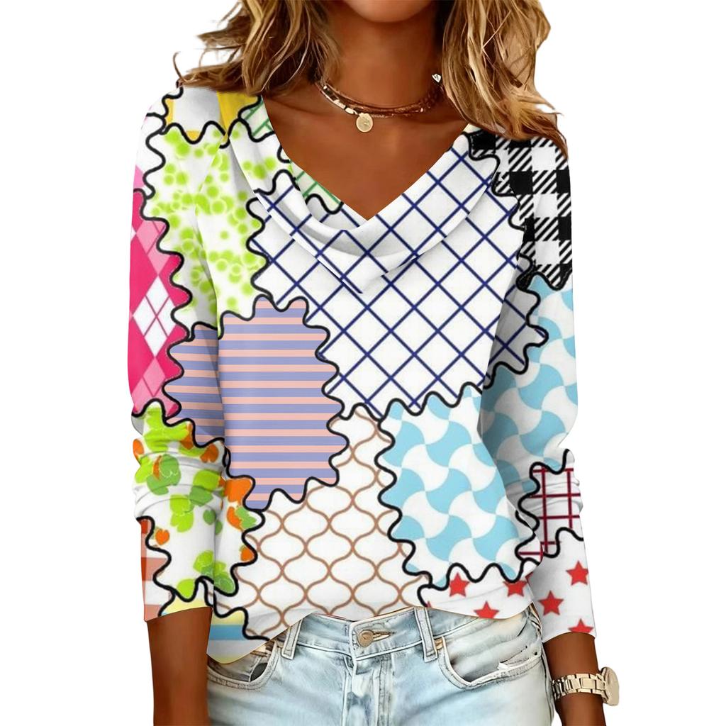 Ladies' Plaid Printed Casual and Fashionable Long Sleeved Pullover Top