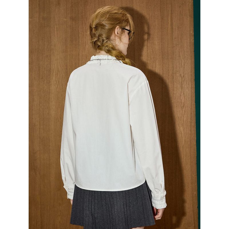 Coolhut Stand Collar White Simple Versatile Pure Cotton Winter Lace Base Shirt Long Sleeve New Style Women's Shirt