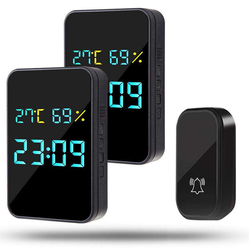

Dual Funct. Wireless Doorbell: Music, Self-Powered Pager, Clock & Thermometer