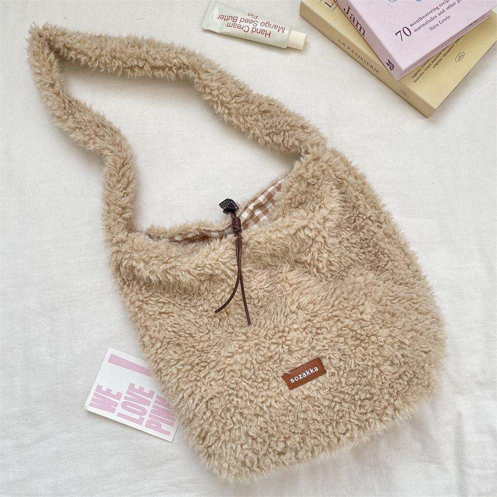 Vintage Lamb Wool Shoulder Bag Harajuku Plush Underarm Bag Vintage Fluffy Tote Bag  Women