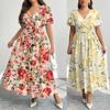 Abito lungo da donna con scollo a V, maniche corte, stampa floreale, vita con cintura, multicolore