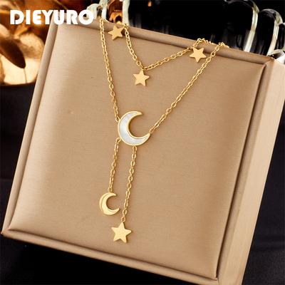 DIEYURO 316L Stainless Steel Star Moon Long Pendant Necklace For Women New Fashion Girls Multilayer Clavicle Chain Zircon Gifts