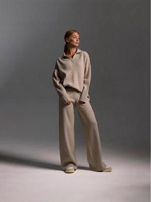 European & American Autumn/Winter Knit Polo Set: Sweater Pullover + Wide-Leg Pants