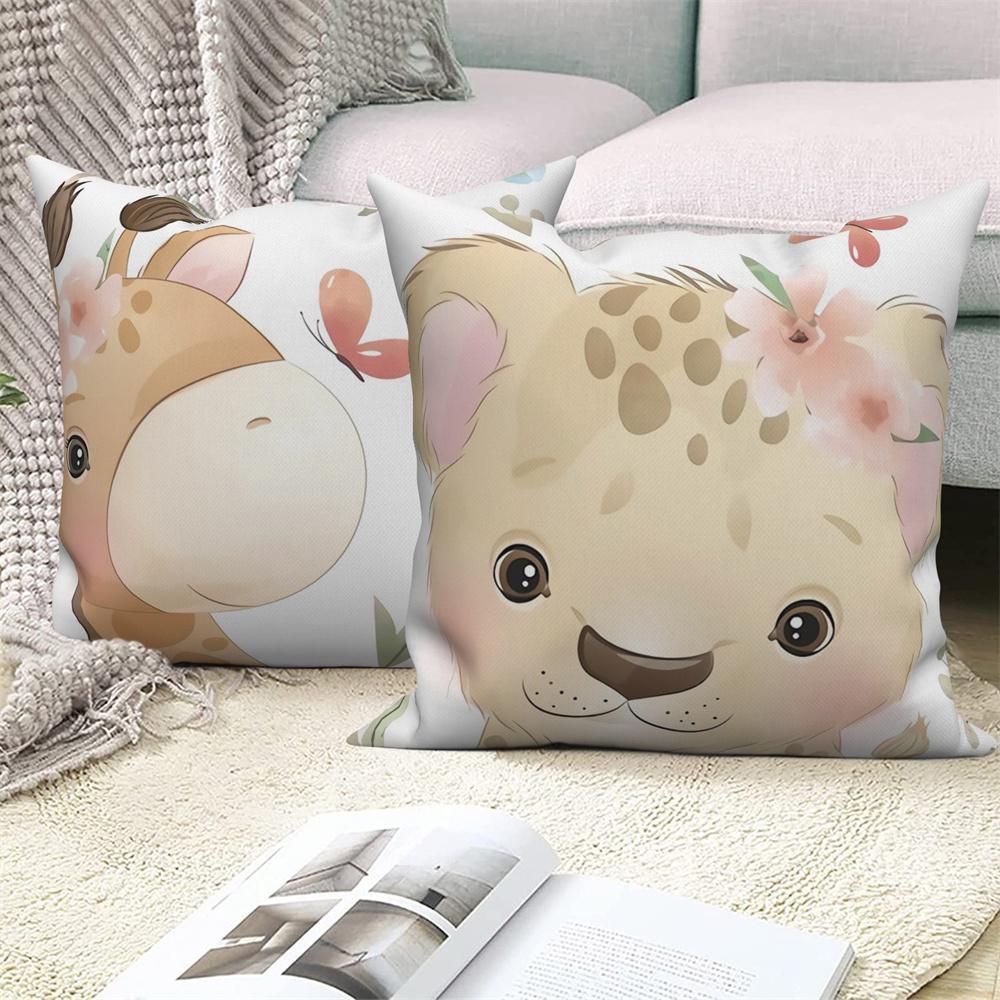 Juste De Coussin Blanche Avec Imprimé Animal De Dessin Animé Mignon, Taie D'oreiller Décorative Pour Canapé
