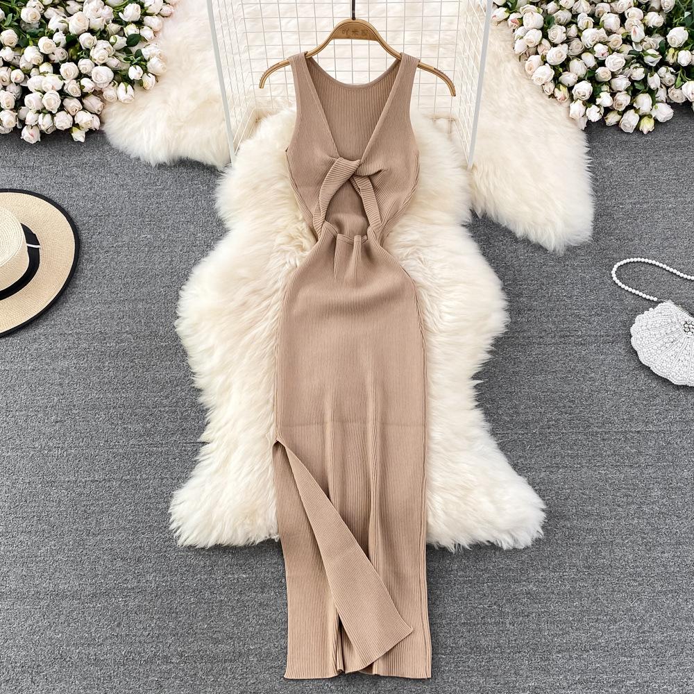women's Ribbed Knit Maxi Dress Sleeveless Bodycon Split Hem Two Way Summer Long Dress