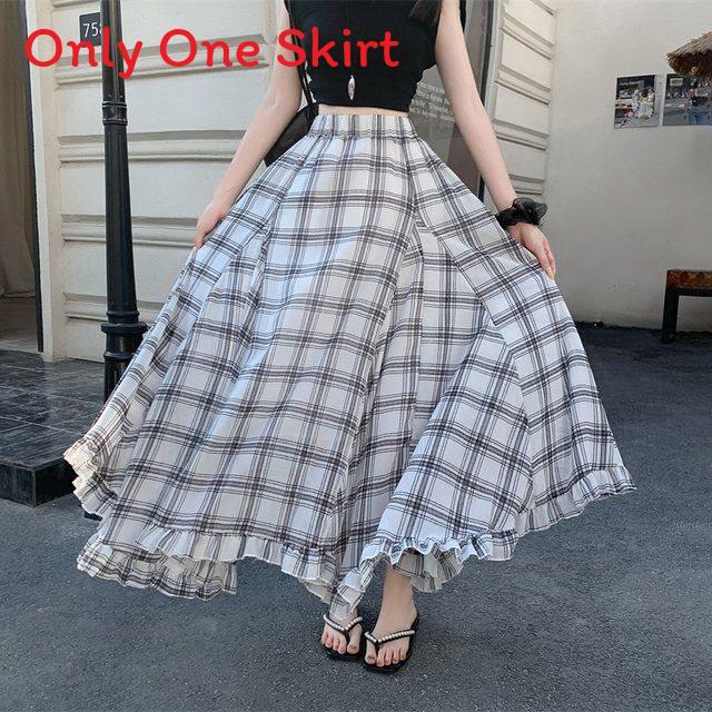 Longue jupe en mousseline à carreaux vintage avec ourlet asymétrique pour l'été décontracté pour femme