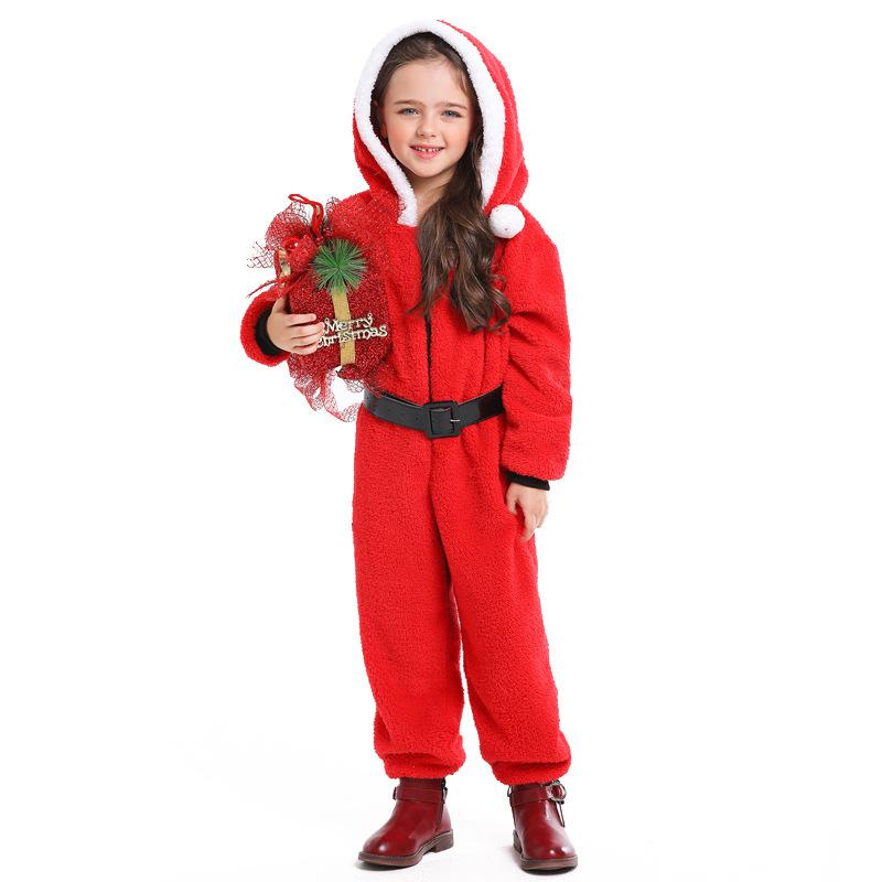 Kids Girls Christmas Xmas Red Elf Velvet Hooded Jumpsuit Belt Set Children Santa Claus Halloween Role Play Dress Up Cosplay Costume