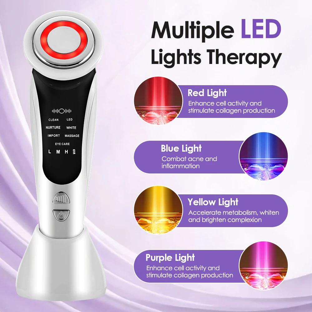 7 in 1 EMS Facial Massager Face Beauty Instrument with Induced Vibration and Hot Compress Face Skin Care Tool LED Light Therapy