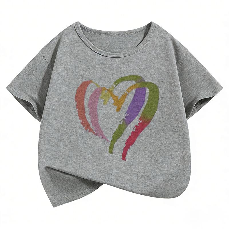 Colorful Love Heart Fashion Crew Neck Short Sleeve T Shirts Kids Childrens Tshirt Boys Girls Summer Spring Casual Top Tee