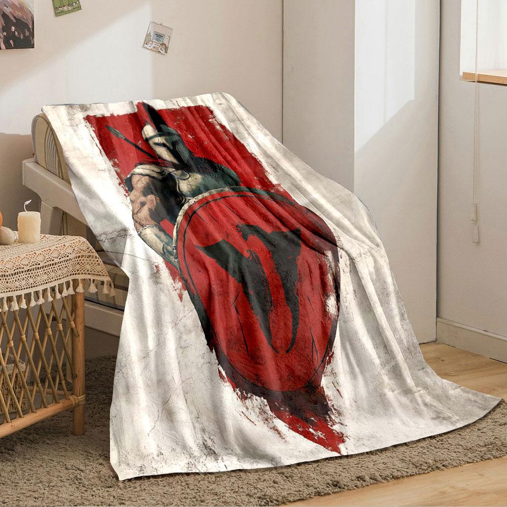 A Spartan Warrior In Armor Holds a Red Shield with a Black Emblem. for All Seasons Blanket Lunch Break Throw Gift