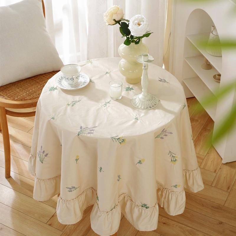Light Luxury Cotton Round Tablecloth Embroidered Floral Plant Pleated Ruffle Table Cover Dining Room