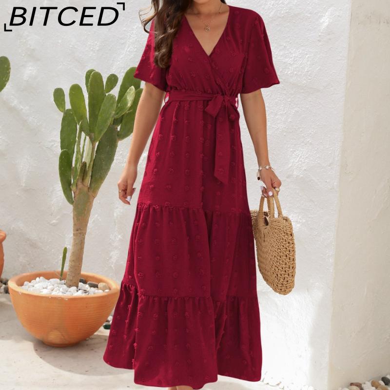 

BITCED Short-Sleeve V-Neck High-Waisted Tie-Waist Dress Fringe-Trimmed Long Dress Vacation Travel Dress XXL