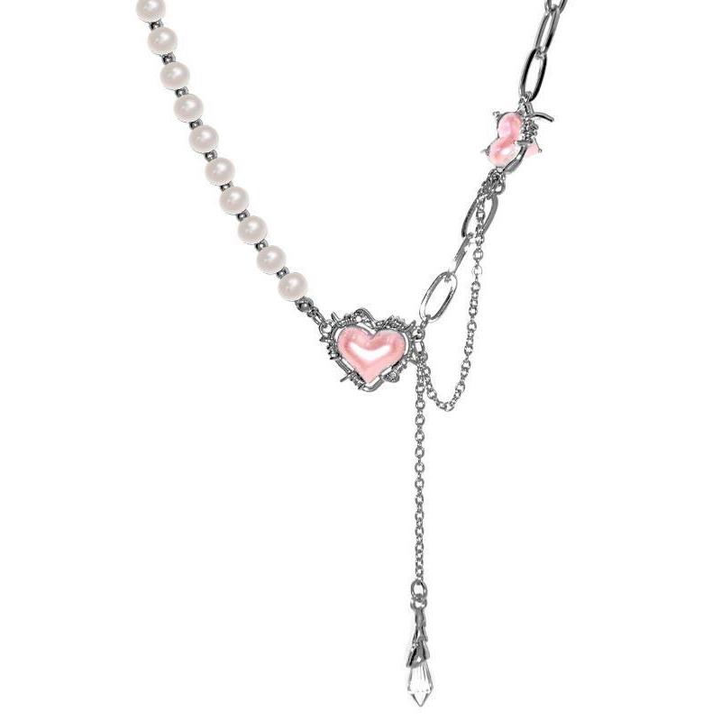 Sweet Cool Y2K Pink Thorns Love Heart Necklace 2023 Korean Thorns Chains Choker Collar For Women Lady Party Jewelry Gift