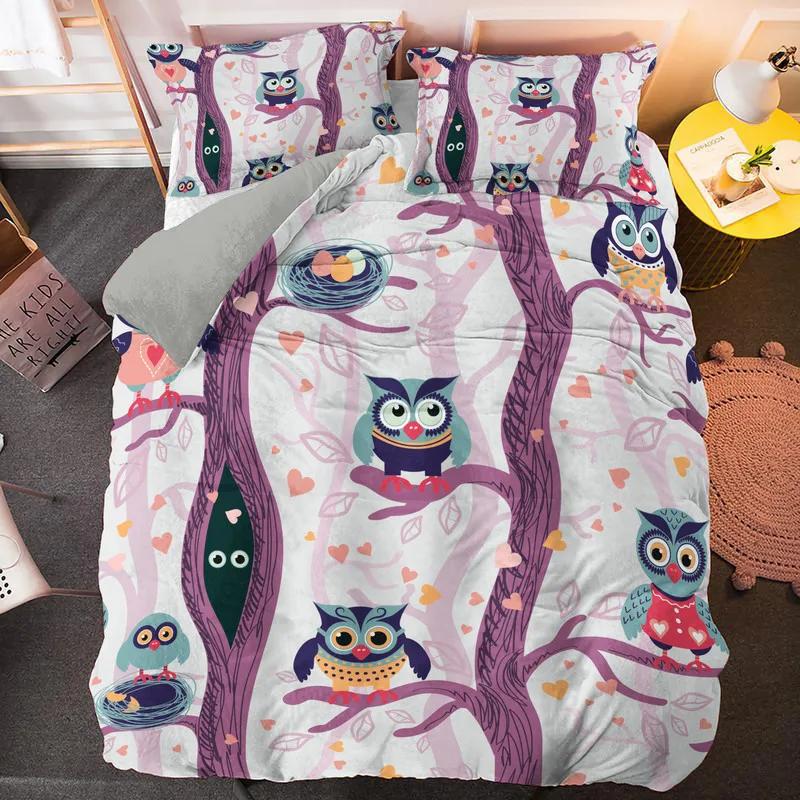 Kawaii Cartoon Owl Duvet Cover Set Full Queen King Size Owl Bedding Set for Girls Boys Brown Owl Cartoon Animal Comforter Cover