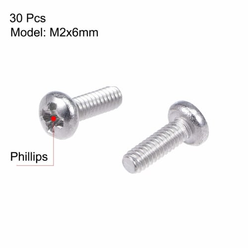 uxcell M2 Machine Screws, Bolts, M2x6mm, Silver Gray, Pan Head Machine Screws, 304 Stainless Steel, Pack of 30