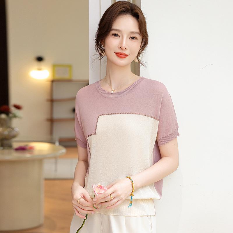 Mom's Stylish Ice Silk Summer Knit T-Shirt: Age-Reducing Short-Sleeved Top for Middle-Aged & Elderly Women