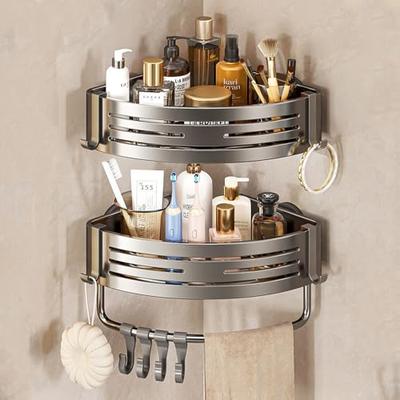 Vinnatsu Bathroom Corner Rack with Strong Suction Cups, Bathroom Rack with 8 Hooks, Aluminum Alloy, Strong Adhesive Mounting, Bath Storage, Shower Rac