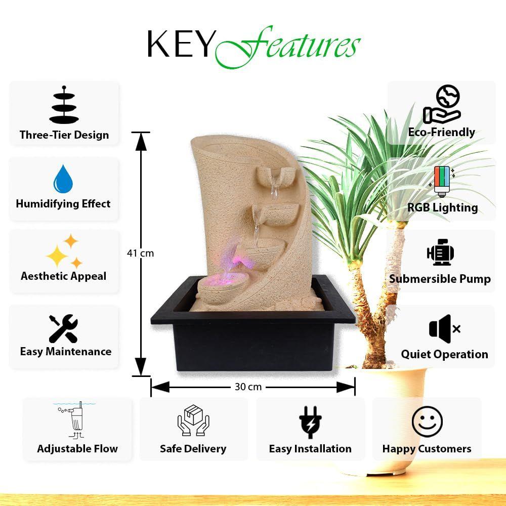 3 Step Curve Diya Table Top Water Fountain with LED RGB Light for Home Decor/Office/Gift/House Warming Gift/Marriage Gift (Biege Stone)