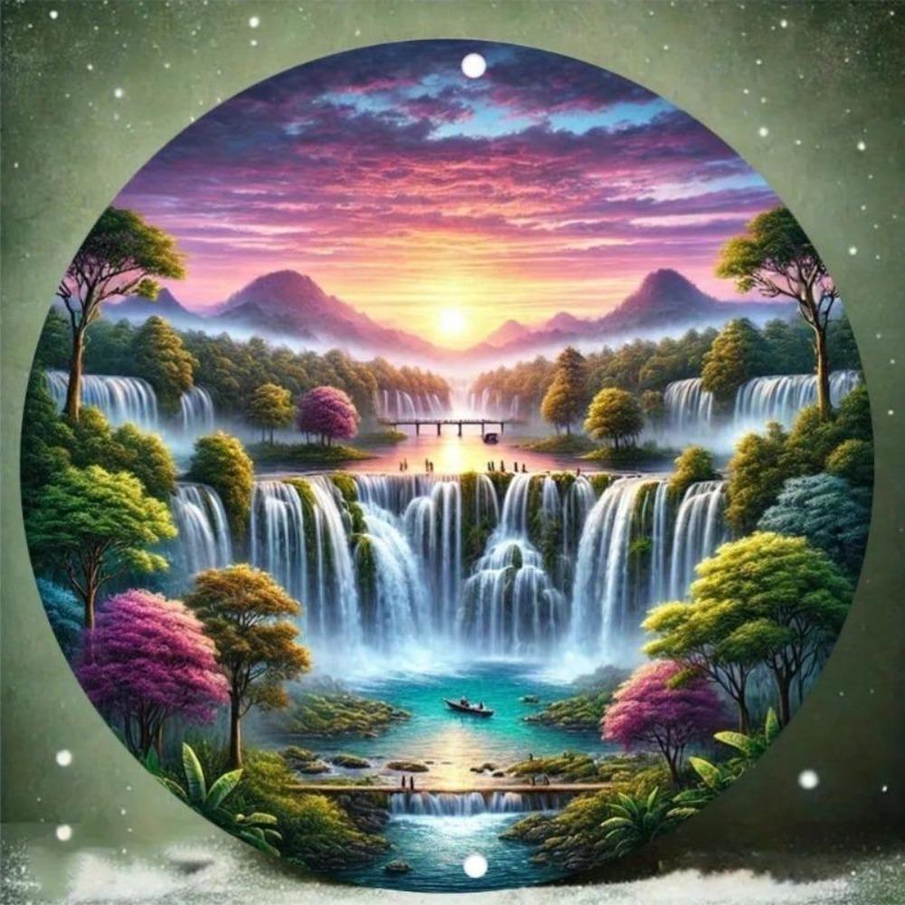 Vintage Metal Wall Art Round Tin Sign Fantasy Waterfall Decor Home Bar Gift