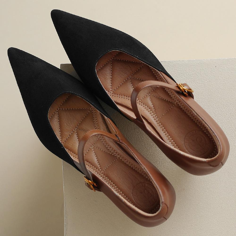 Plus Size 34-42 Women's Natural Suede Leather Sheepskin Patchwork Kitten Heel Pointed Toe Mary Jane Pumps Elegant Ladies Heels