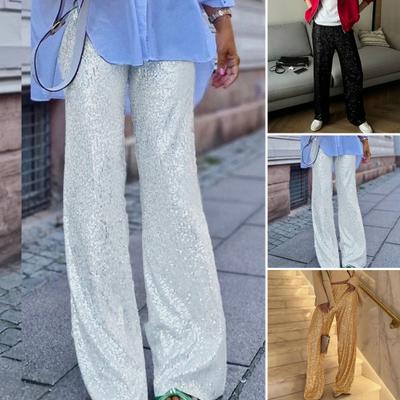 Women Pants Mid-rise Solid Color Sparkling Sequins Casual Trousers Wide Leg Stage Dance Pants Night