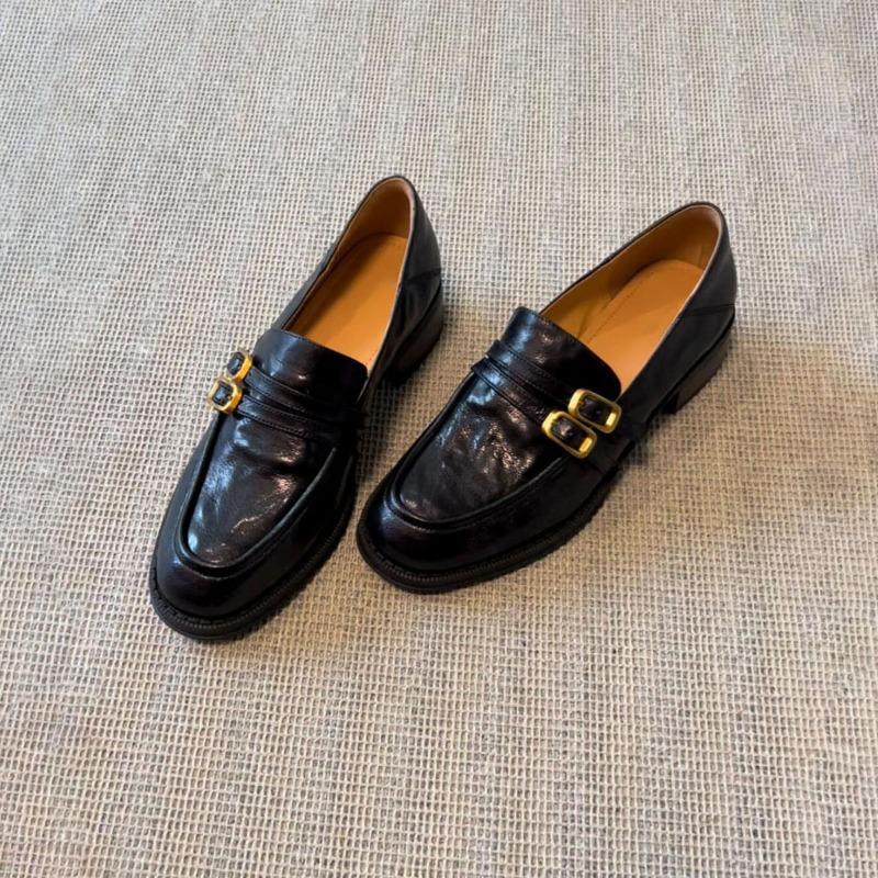 Cowhide version of small leather shoes one pedal lazy uniform shoes women's thick heel leather retro round head
