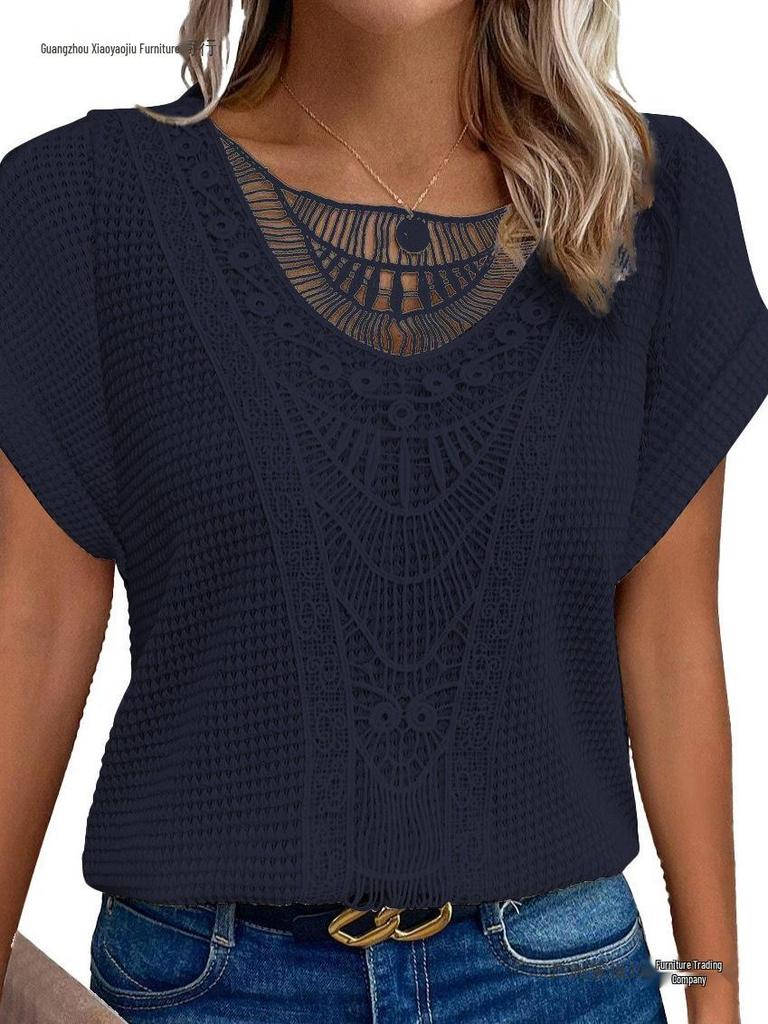 2026 Spring/Summer Women’s Lace Patchwork Short Sleeve T-shirt