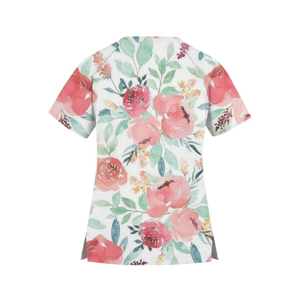 Women's Fashion V-neck Stripe Color Matching Printed Short Sleeve Workwear With Pockets Tops Protective Clothing