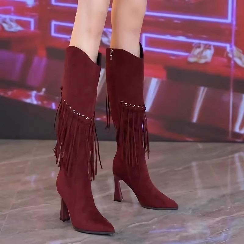 Autumn and winter new women's boots versatile wind knight boots fringed pointed head thin heel high heel boots women