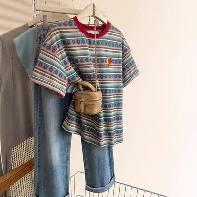 Frühling und Sommer Damen T-Shirt mit bunten Streifen, kurzärmelig, modisch, lässig, vielseitig, im Lazy-Style