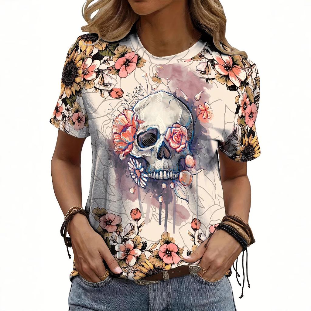 Summer Round Neck 3D Kull Print Top Fashionable Casual Short Sleeved Women's T-shirts