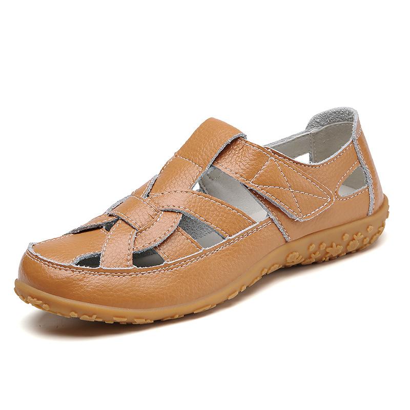 Leather Cross-woven Comfortable Baotou Sandals with Velcro Flats Women's Sandals