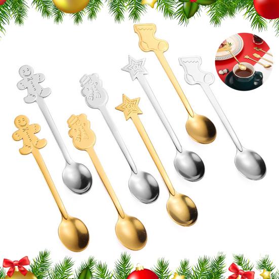 Elegant Table Decor for Parties 4Pcs Christmas Dessert Spoons, Stainless Steel Coffee Spoons with Gingerbread Man Star Stocking Snowman Handle, Unique