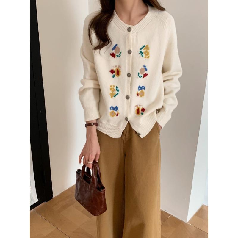 Vintage Autumn and Winter Heavy Industry Jacquard Embroidered Knitted Cardigan Women's High-end Sense Casual Loose Thickened Sweater Jacket Women