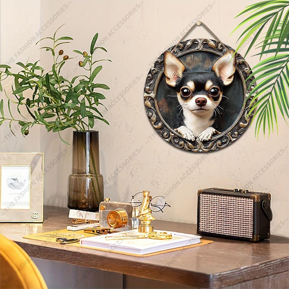 2D flat hanging decorative signs,interior wall or door decoration,garden decoration,the pattern is a cute chihuahua,a housewarming gift for friends