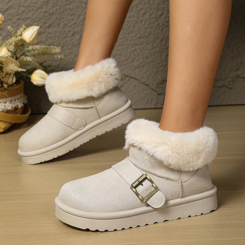 Fashion Luxury Metal Buckle Decoration Faux Fur Snow Boots Women 2025 Winter Soft Thick Bottom Ankle Booties Warm Short Plush Boots