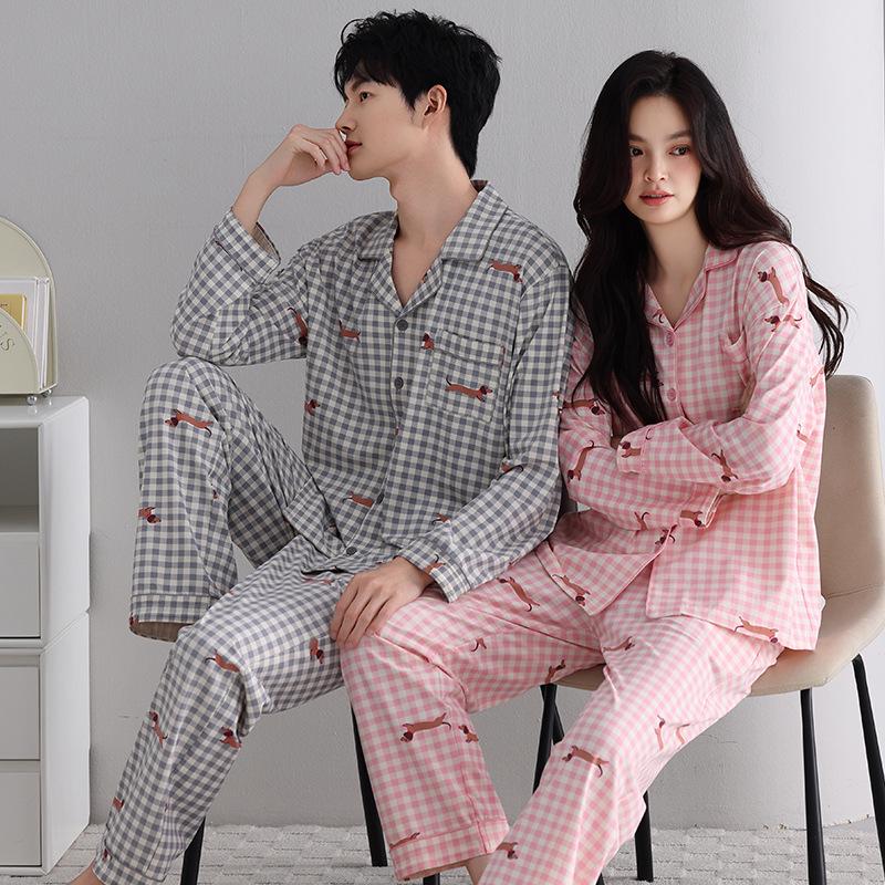 Autumn Cartoon Print Lycra Cotton Pajama Set with Lapel Collar