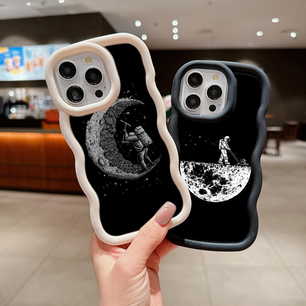 Ae97 Space Moon Astronaut Black art Protective Phone Cases for iPhone 14 13 Pro Max 11 12 15 Plus Infinix Hot 40i Smart8 Tecno Big Wave TPU Back Cover