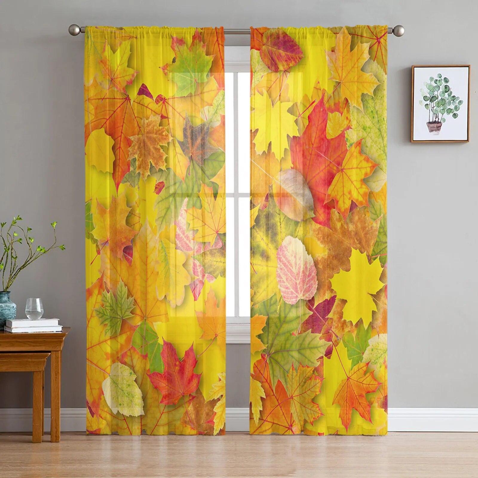 

Молодежные прозрачные шторы для спальни, осенние шторы на День благодарения с кленовым листом, кухонные шторы для учебы, гостиной, праздничный декор, тюлевые шторы 135W x 137H(cm)