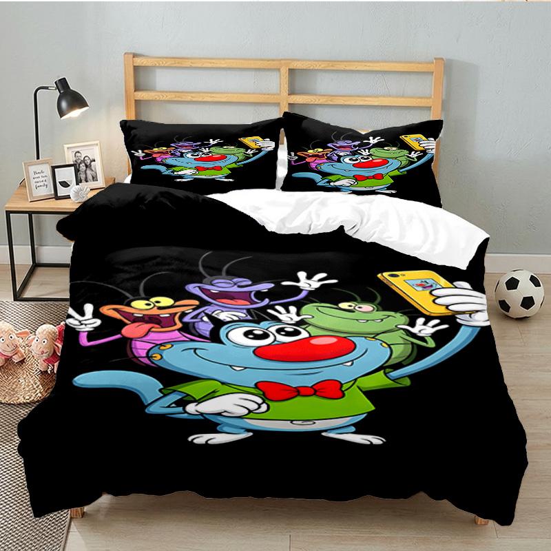 3PCS Oggy Bedding Set Printed Duvet Cover Closure Includes 1 Duvet Cover & 2 Pillowcases for All Seasons Bedroom Decor