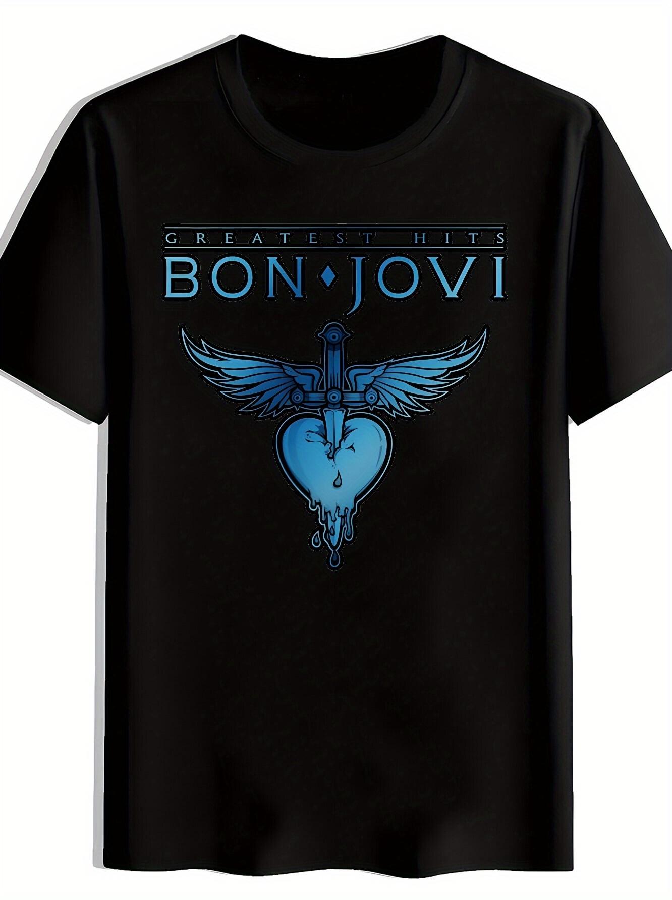 Vintage Rock Band Graphic T-shirt - Black Short Sleeve Round Neck Tee with BON JOVI & Greatest Hits Design XXXL