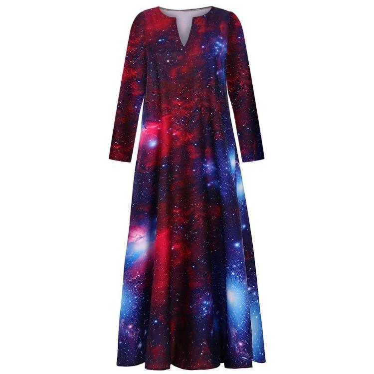 3D Print Starry Sky Maxi Dress Long Sleeve New Fashion S красный