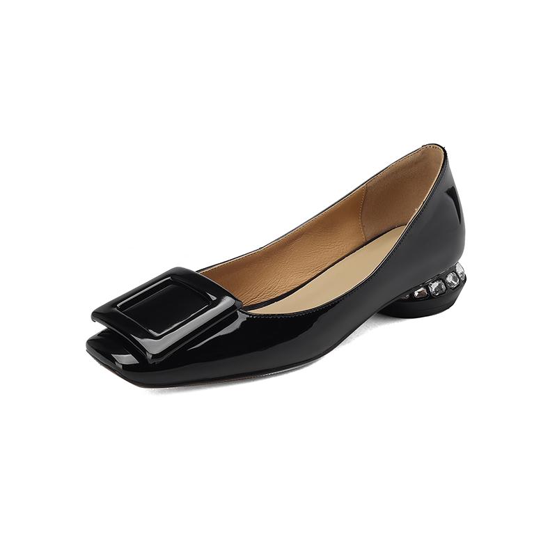 Fashion 2024 Spring Women Pumps Genuine Leather Shoes for Women Square Toe Chunky Heel Women Shoes Shallow Square button Single Shoes