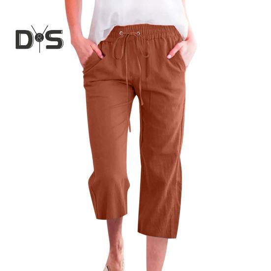 

Женские укороченные брюки средней посадки с эластичной талией, регулируемые повседневные брюки на шнурке с карманами, свободные летние брюки L коричневый